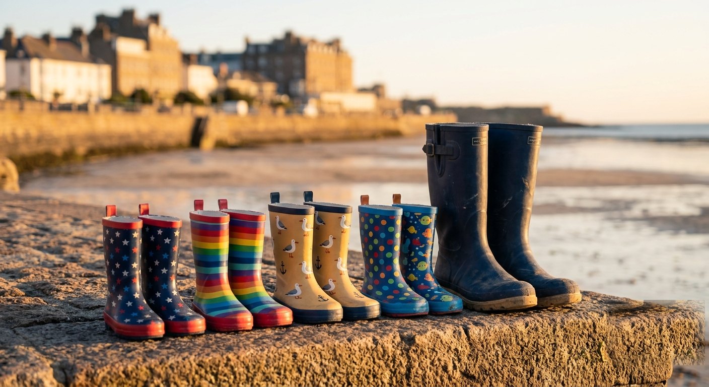 A family's wellington boots lined up on a harbour wall at golden hour