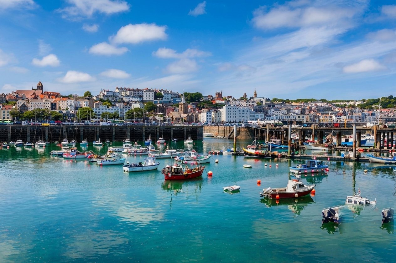 St Peter Port harbour with moored boats on turquoise water, town houses rising up the hill behind