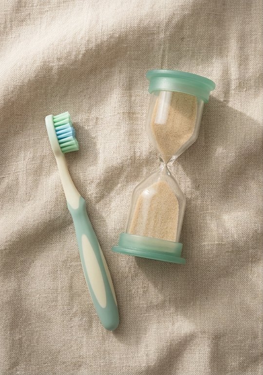Child's toothbrush beside a two-minute sand timer on linen