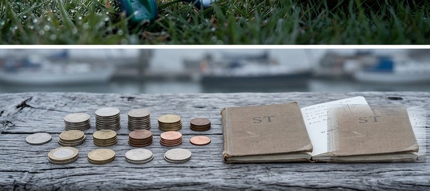 Coins and a notebook laid out on weathered harbour wood