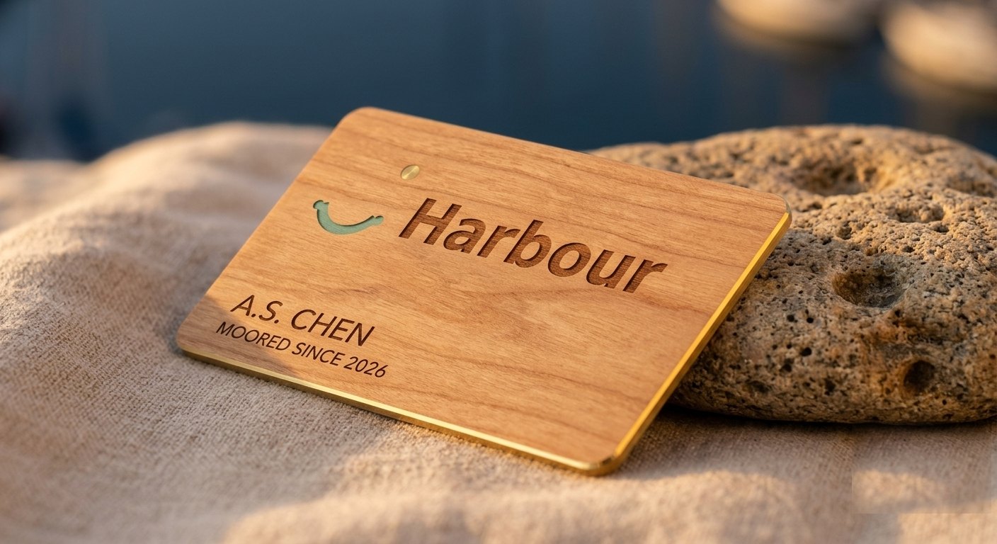 Engraved wooden Harbour member card reading Moored since 2026, resting against a harbour stone