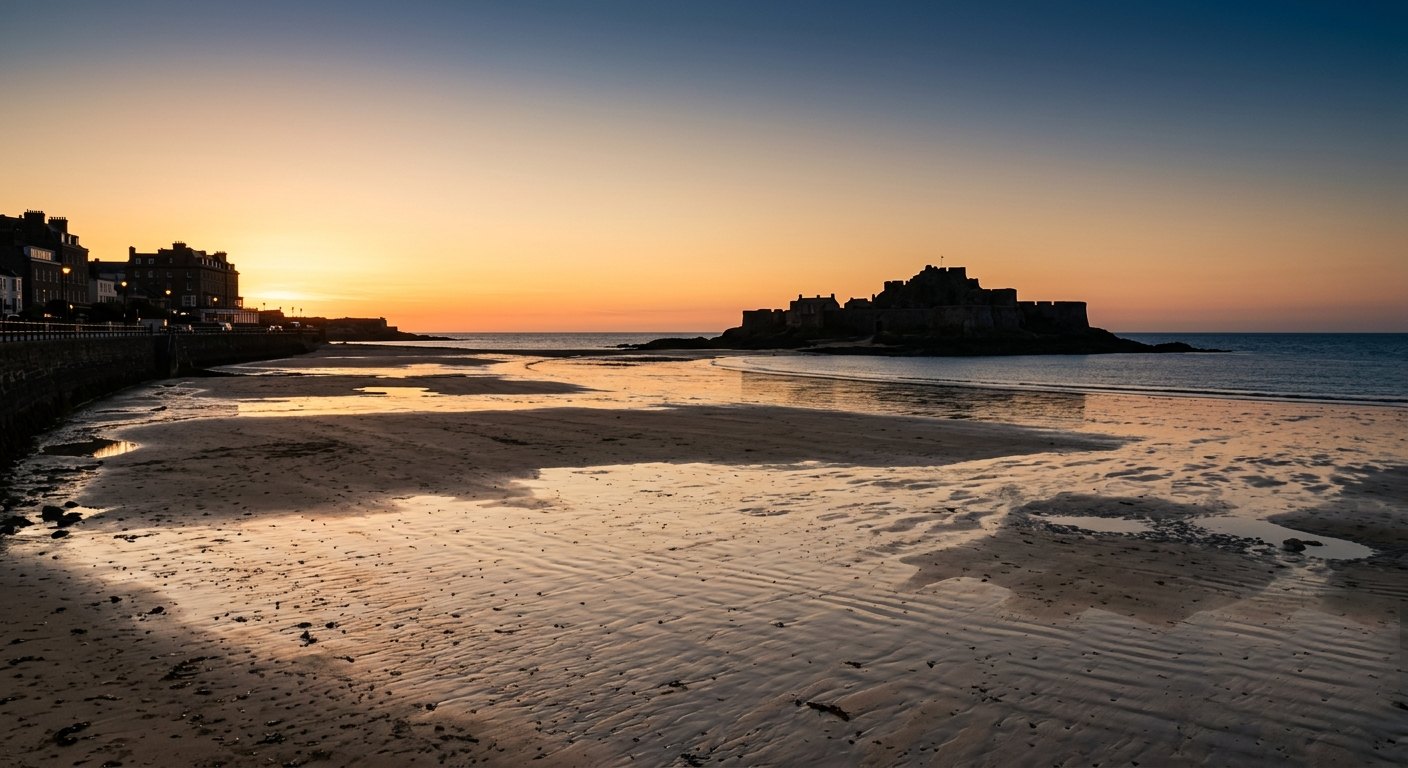 Elizabeth Castle and St Helier seafront at sunset across low-tide sand