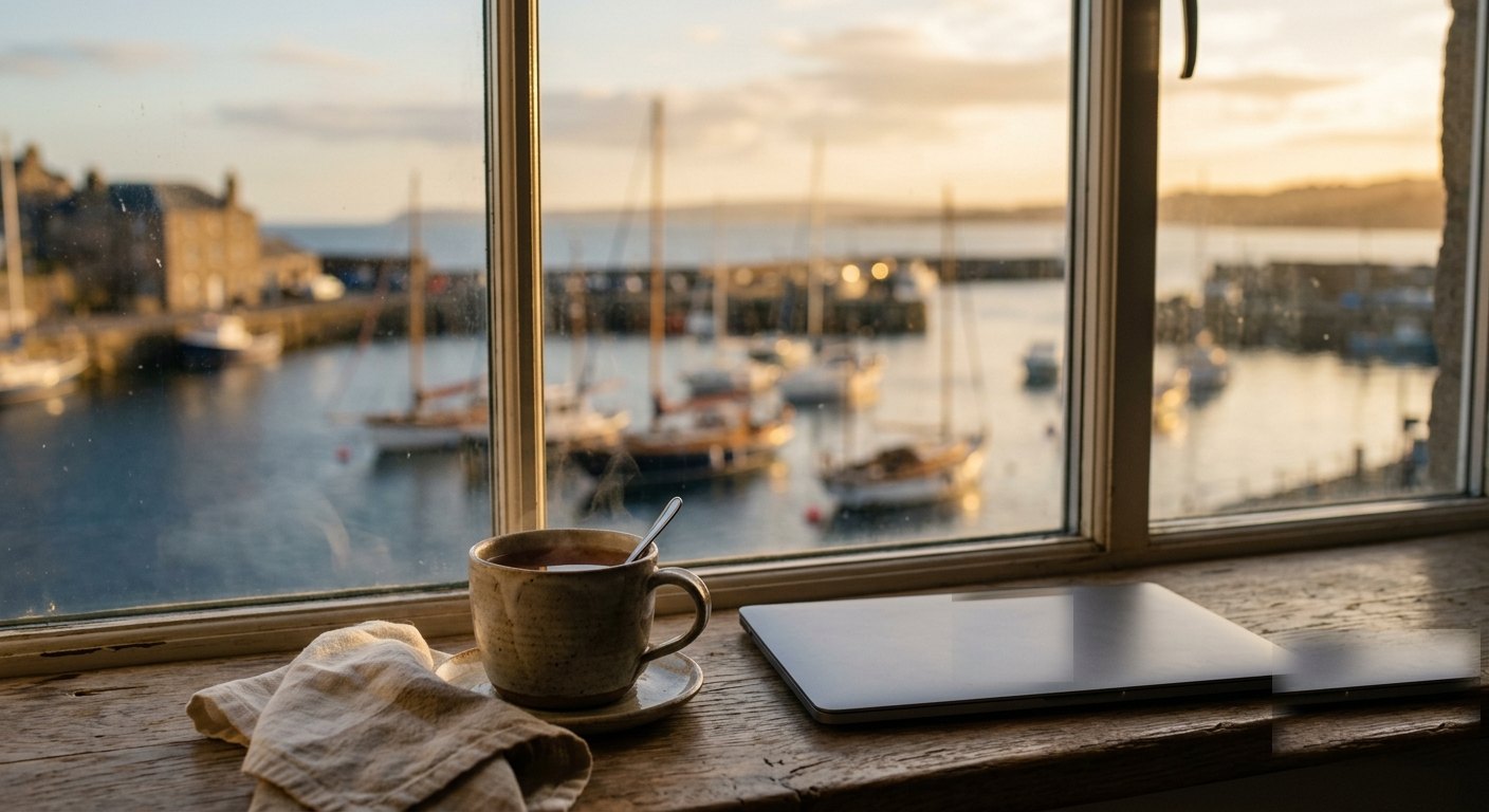 A mug of tea beside a closed laptop on a windowsill, evening light over a harbour beyond the glass