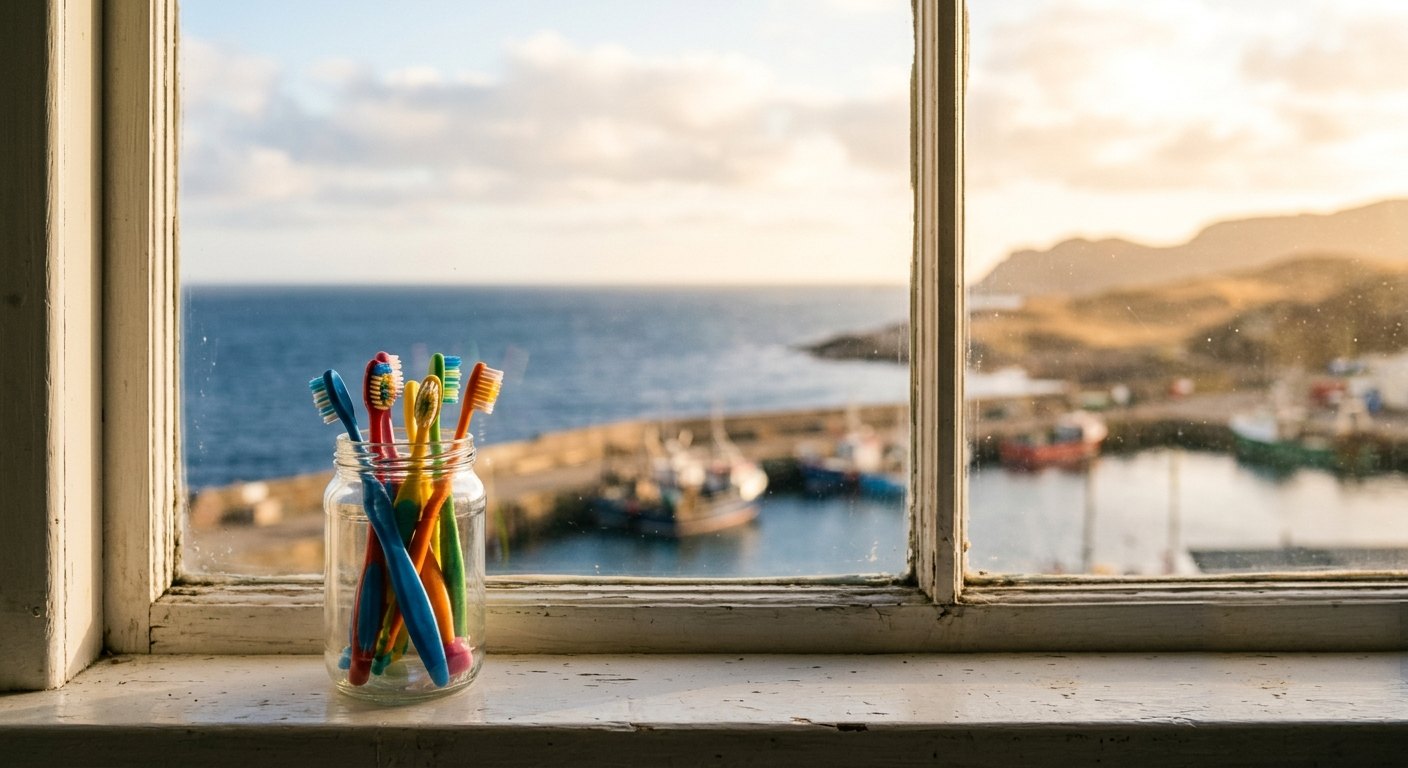 A jar of colourful children's toothbrushes on a windowsill overlooking a small harbour