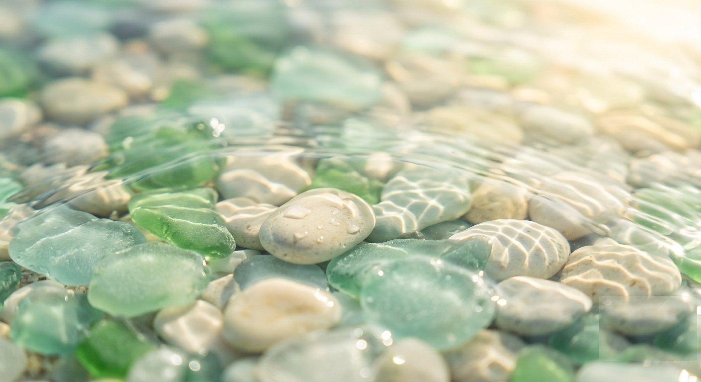 Sea-glass pebbles glowing under clear sunlit water
