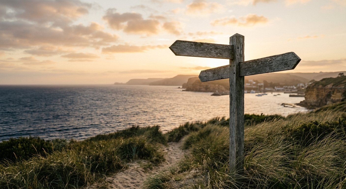 A weathered wooden signpost with blank arms above a coastal path at sunset