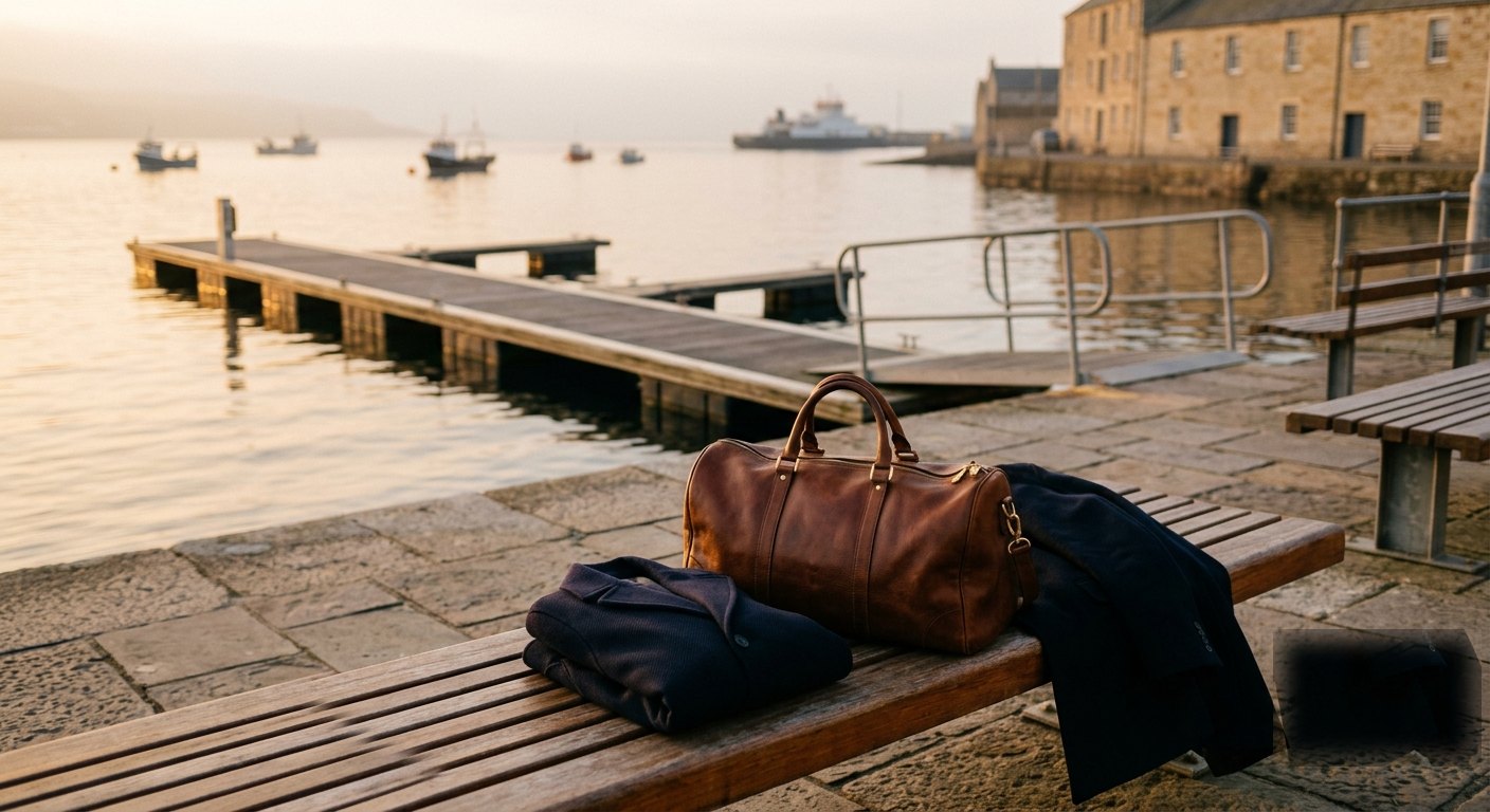 A leather weekend bag and folded navy coat on a harbour bench at dawn, ferry waiting beyond