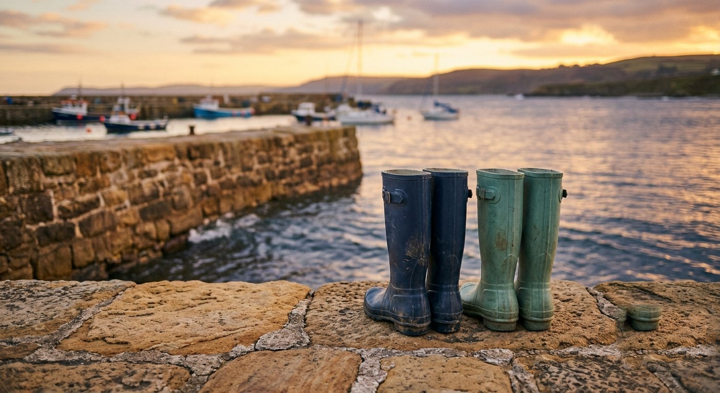 Two pairs of wellington boots, navy and sea-glass green, side by side on a harbour wall at sunset