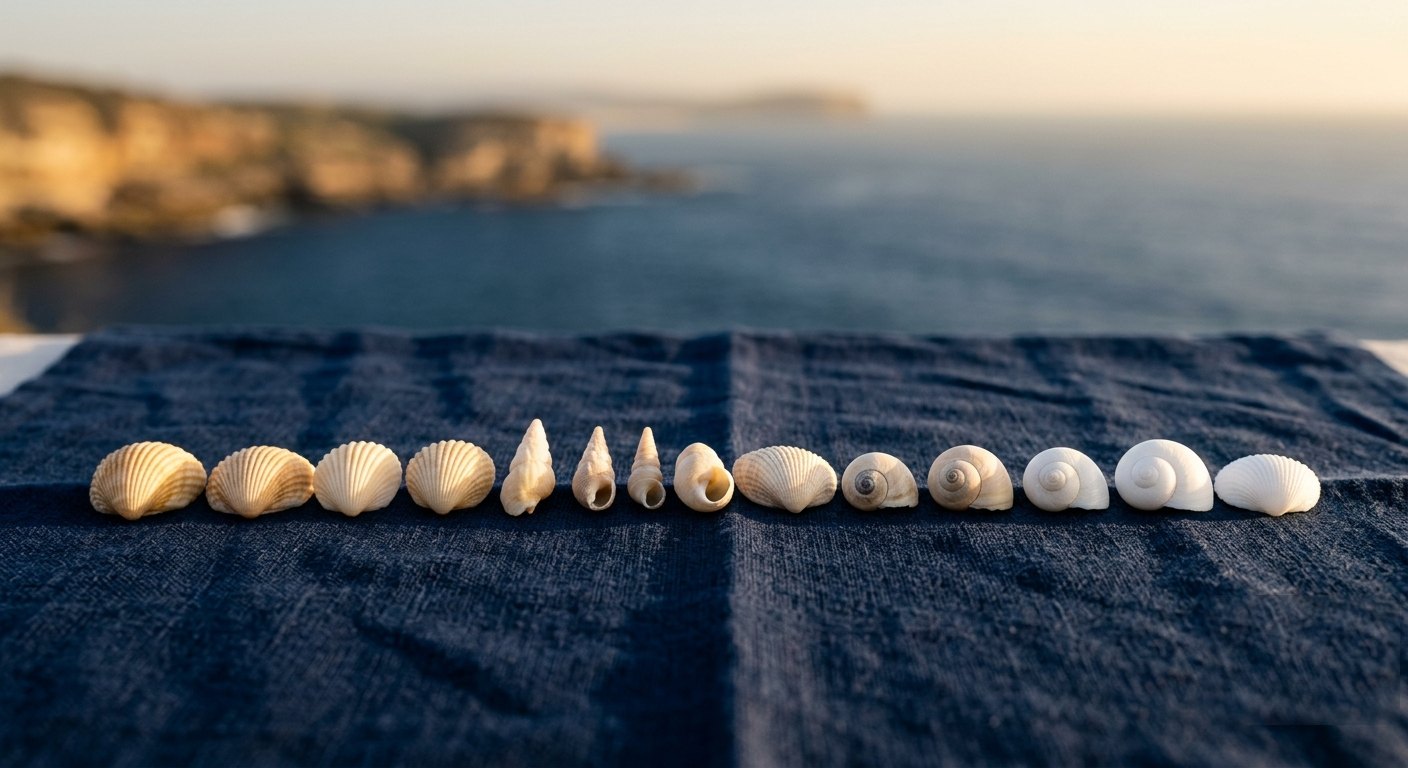 Seashells arranged in a shade gradient from cream to bright white on navy linen