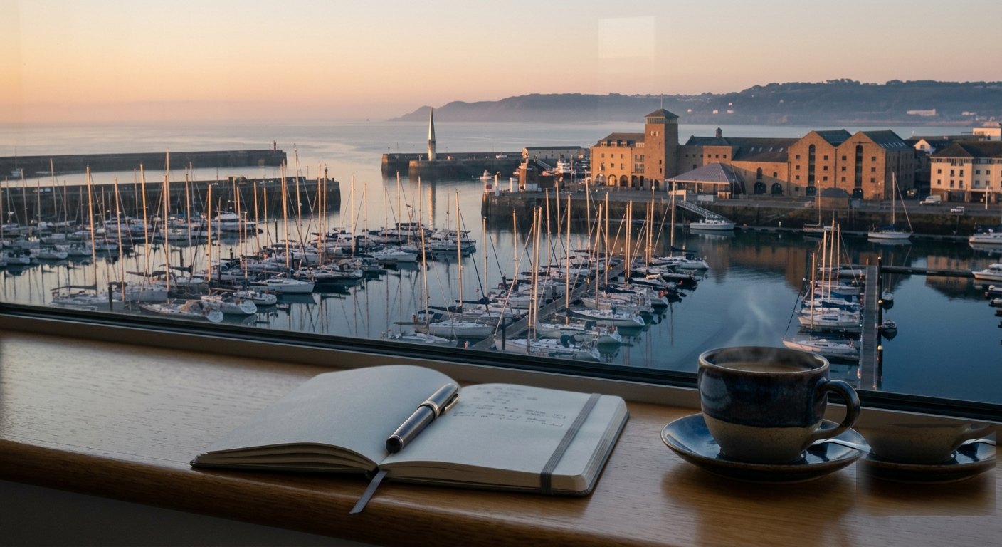 A marina full of yachts at dawn seen from an office window, notebook and coffee on the sill